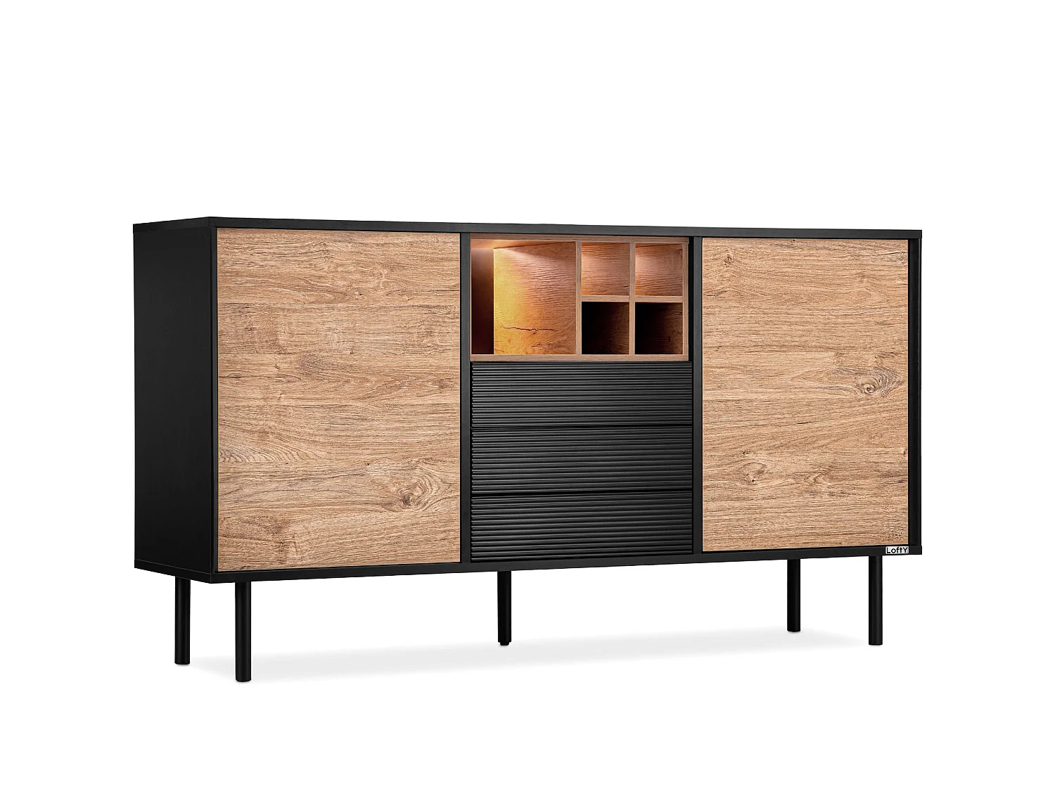 Kommode Weineinlage - schwarz / Eiche natur - LOFTY