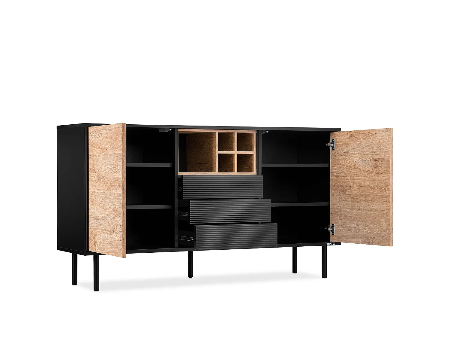 Kommode Weineinlage - schwarz / Eiche natur - LOFTY