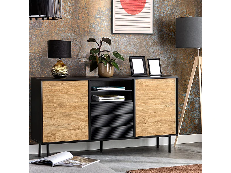 Kommode TV/HiFi-Einlage - schwarz / Eiche natur - LOFTY