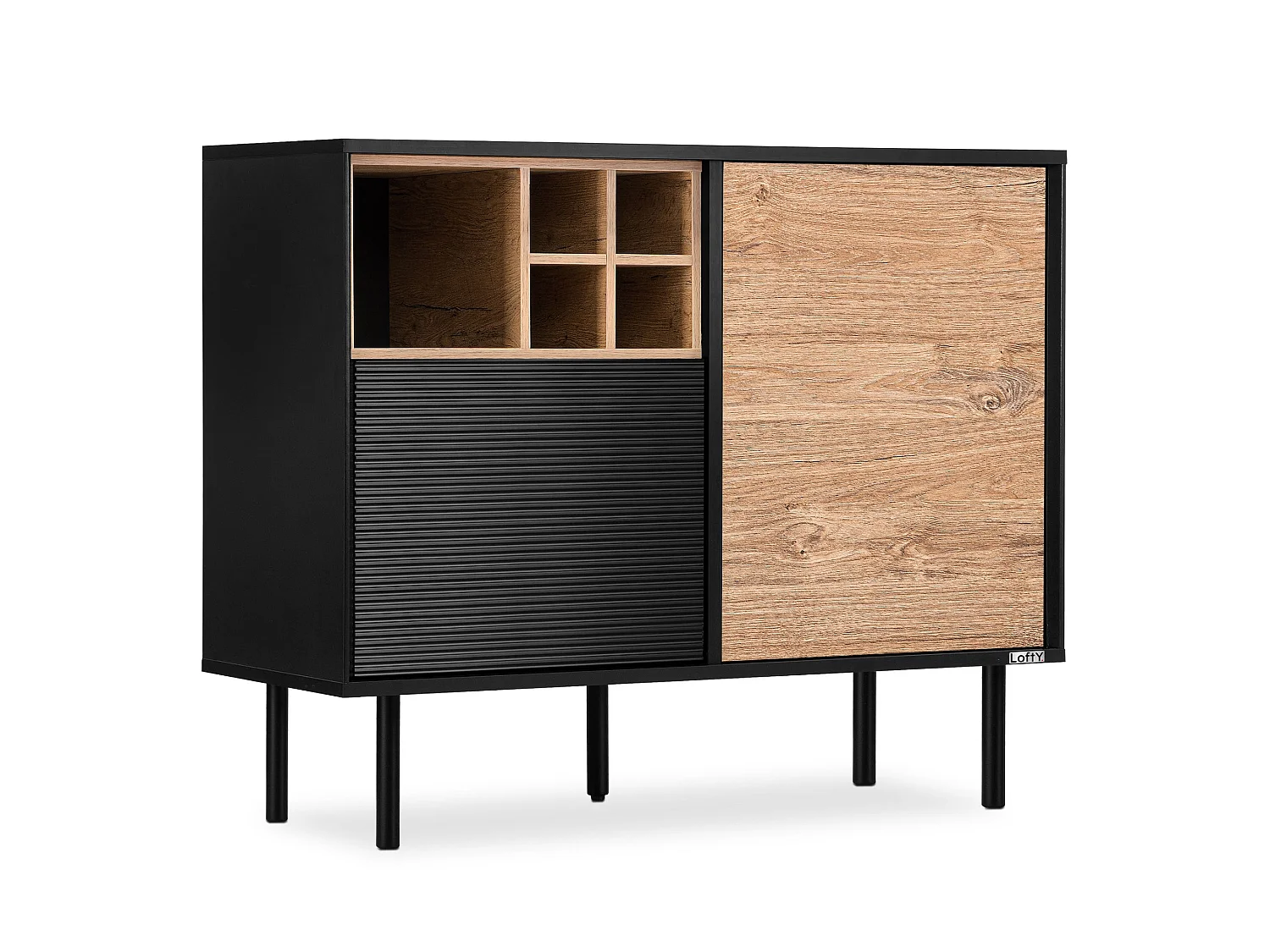 Kommode Weineinlage - schwarz / Eiche natur - LOFTY