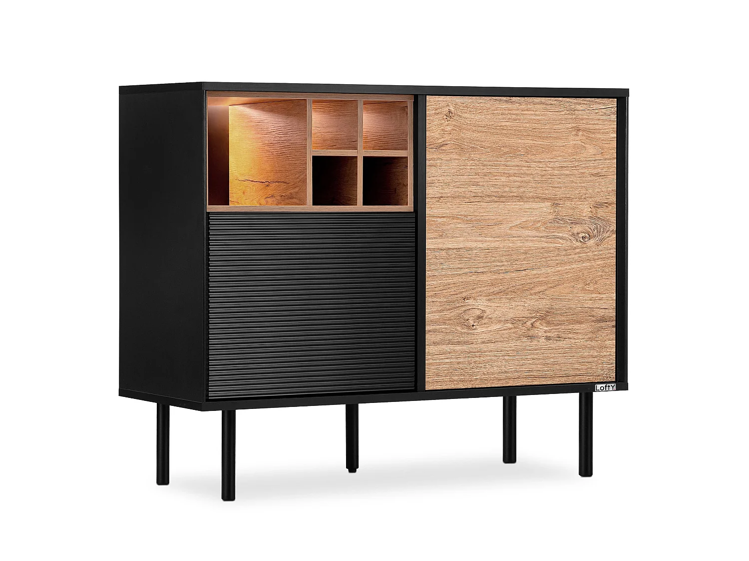 Kommode Weineinlage - schwarz / Eiche natur - LOFTY