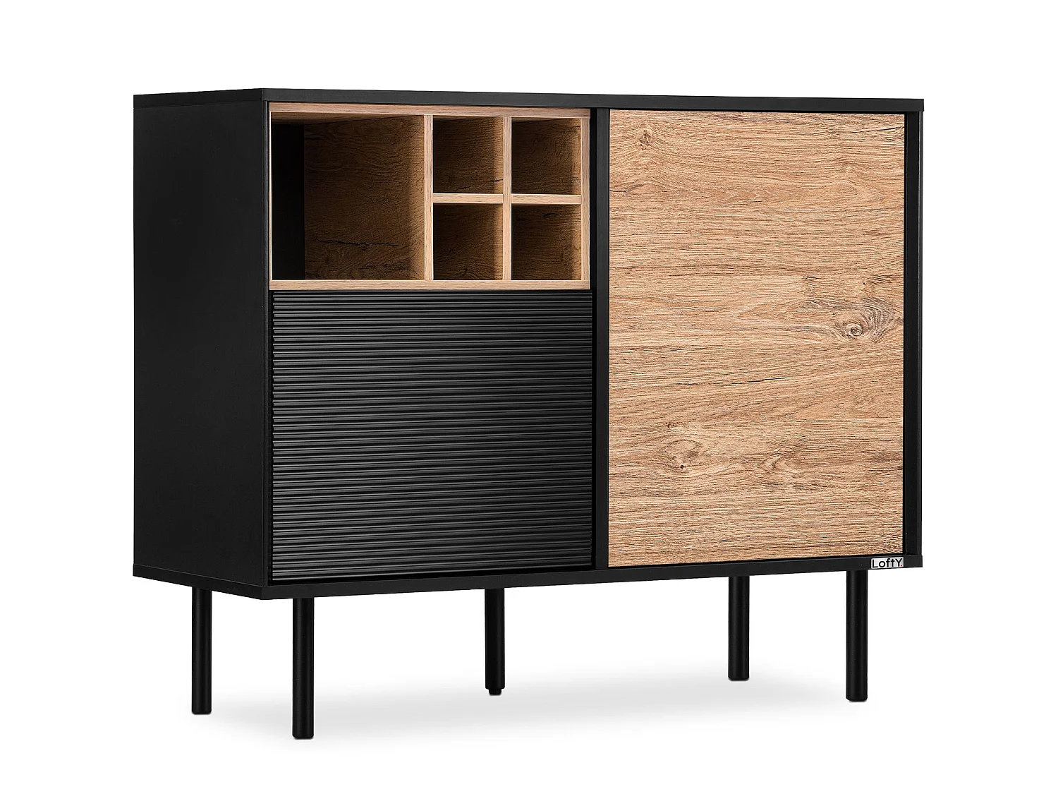 Kommode Weineinlage - schwarz / Eiche natur - LOFTY