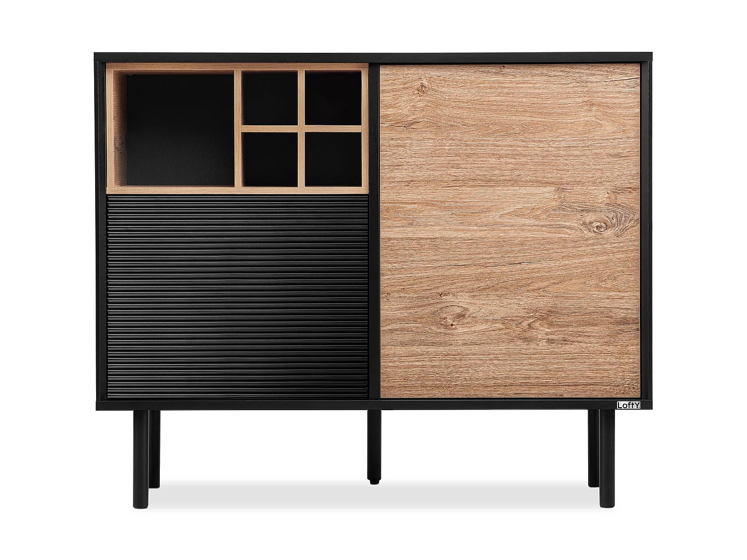 Kommode Weineinlage - schwarz / Eiche natur - LOFTY