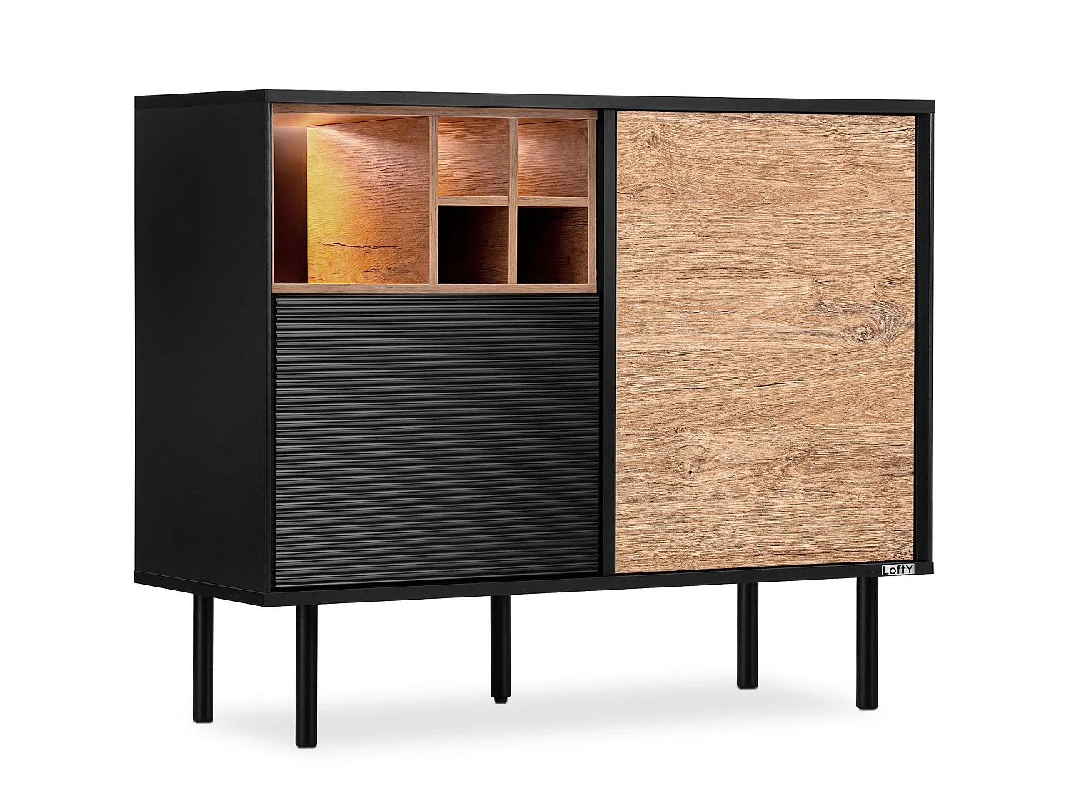 Kommode Weineinlage - schwarz / Eiche natur - LOFTY