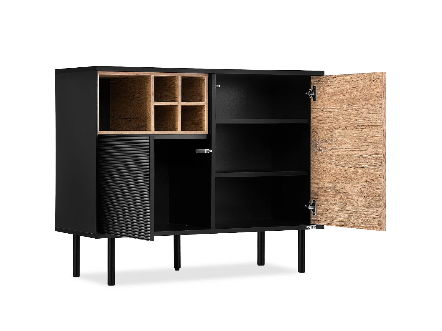 Kommode Weineinlage - schwarz / Eiche natur - LOFTY