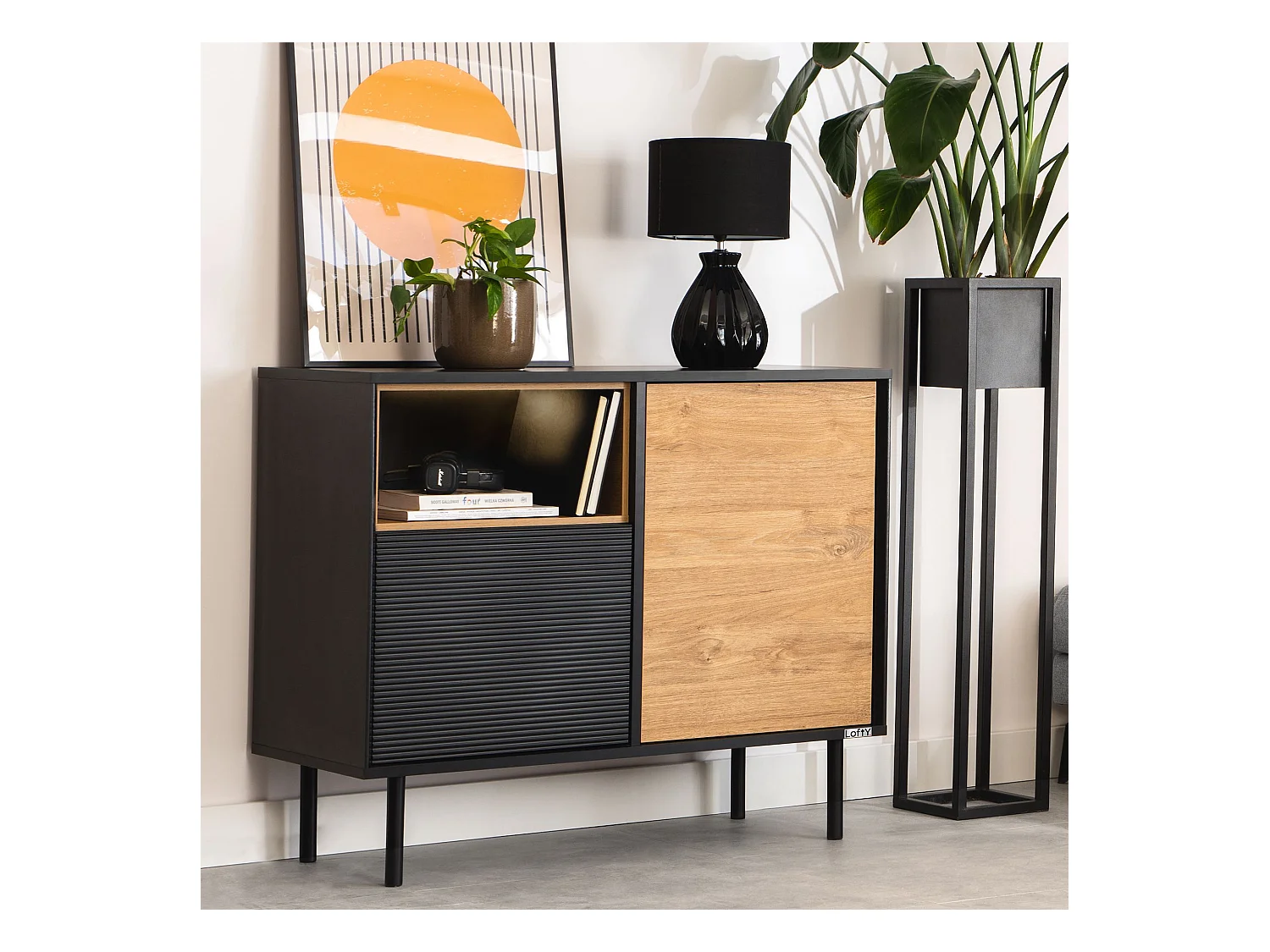 Kommode TV/HiFi-Einlage - schwarz / Eiche natur - LOFTY