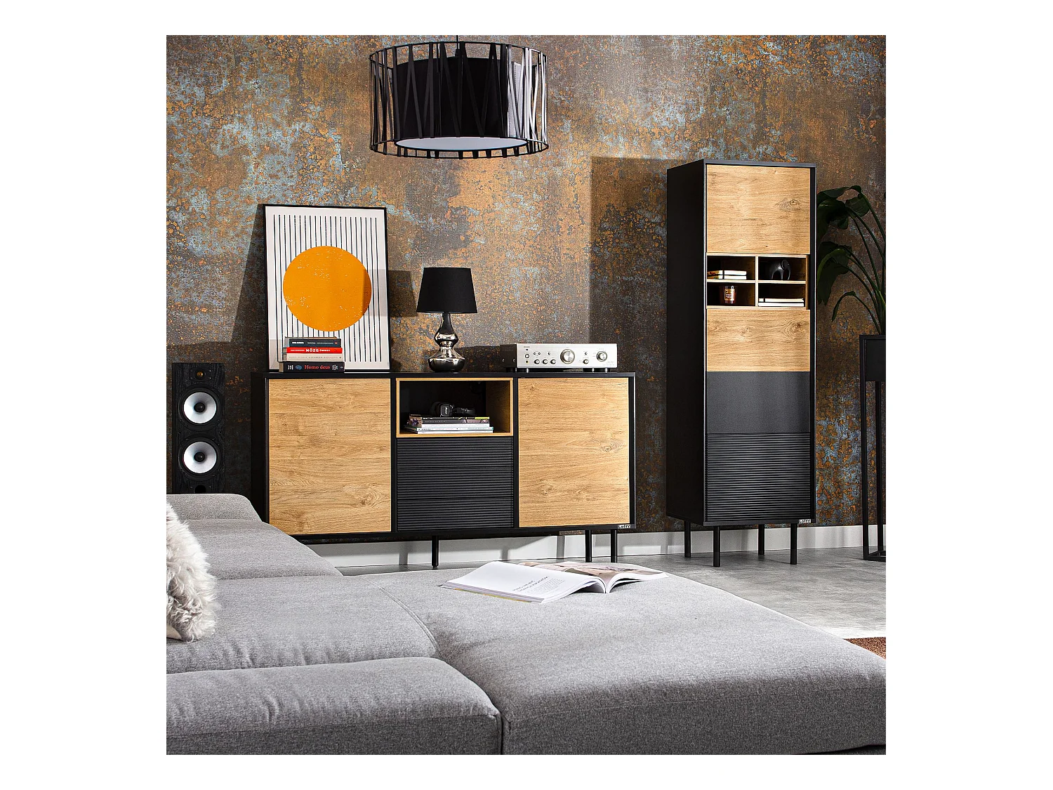 Kommode TV/HiFi-Einlage - schwarz / Eiche natur - LOFTY