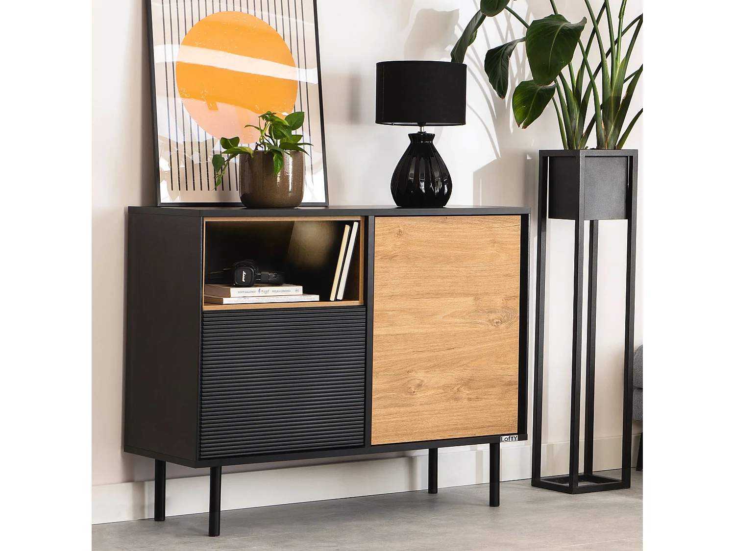 Kommode TV/HiFi-Einlage - schwarz / Eiche natur - LOFTY