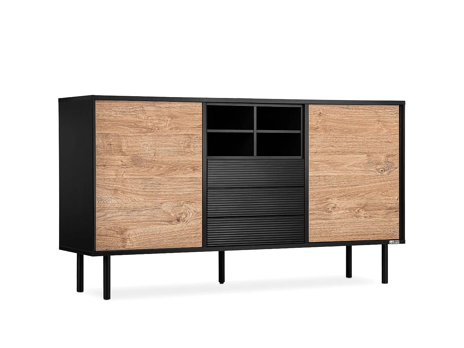 Kommode Kreuzeinlage - schwarz / Eiche natur - LOFTY