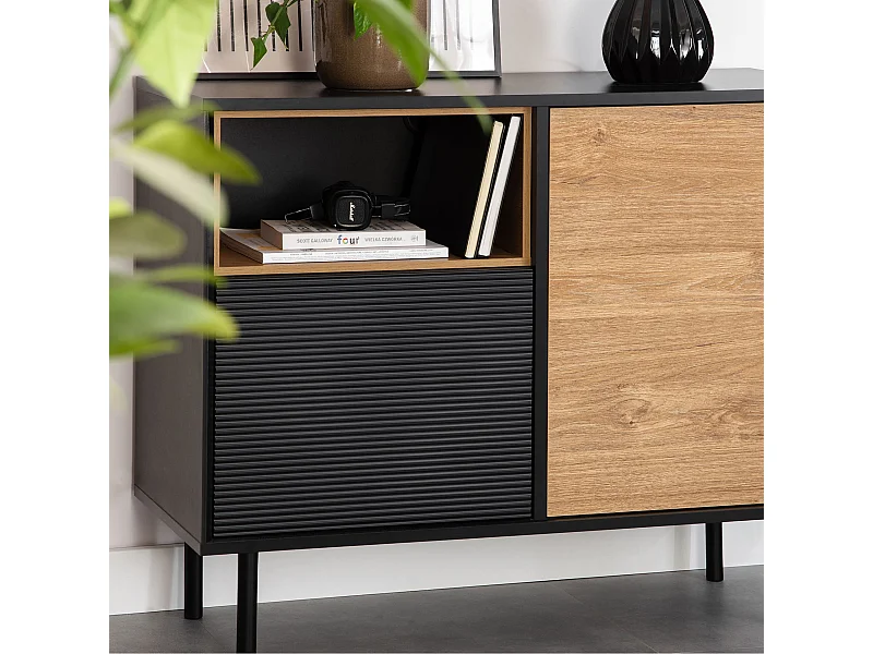 Kommode Kreuzeinlage - schwarz / Eiche natur - LOFTY