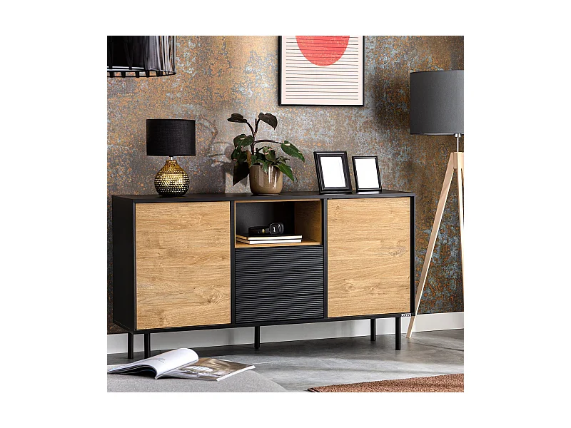 Kommode Kreuzeinlage - schwarz / Eiche natur - LOFTY