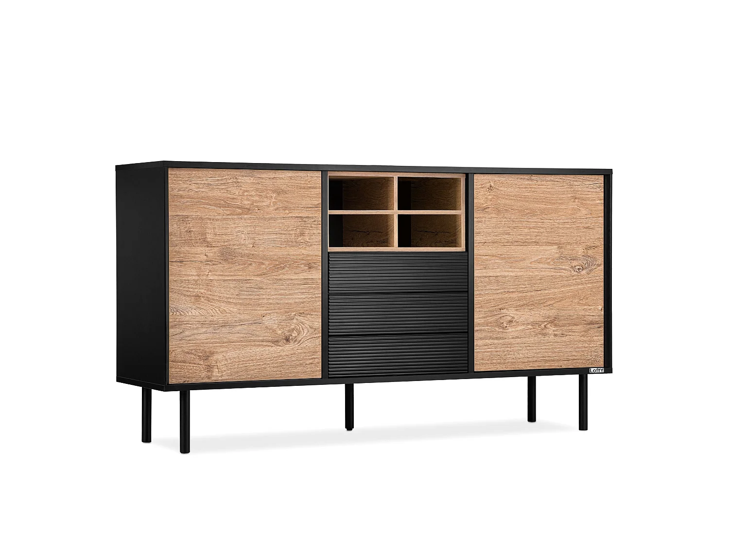 Kommode Kreuzeinlage - schwarz / Eiche natur - LOFTY