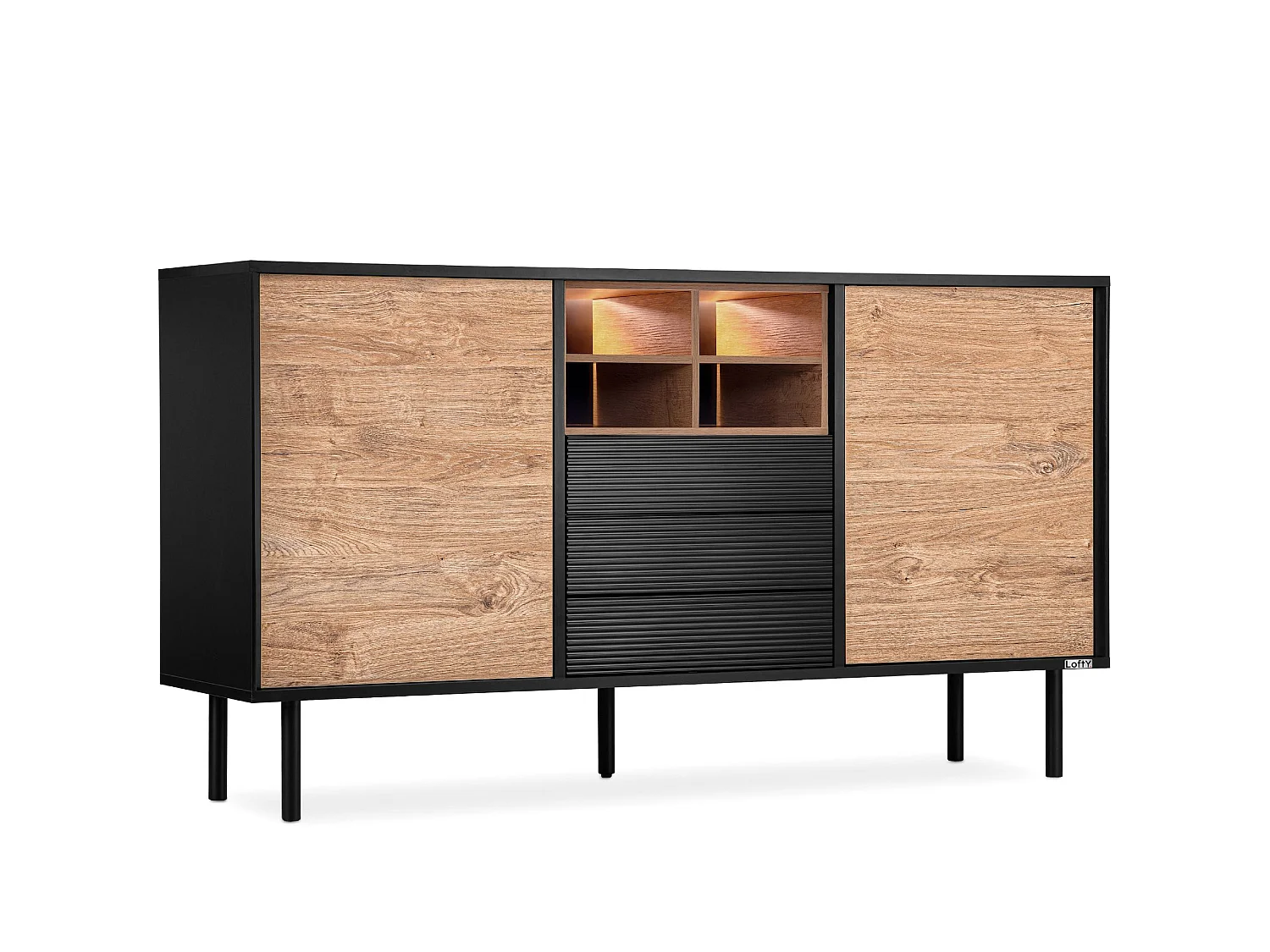 Kommode Kreuzeinlage - schwarz / Eiche natur - LOFTY