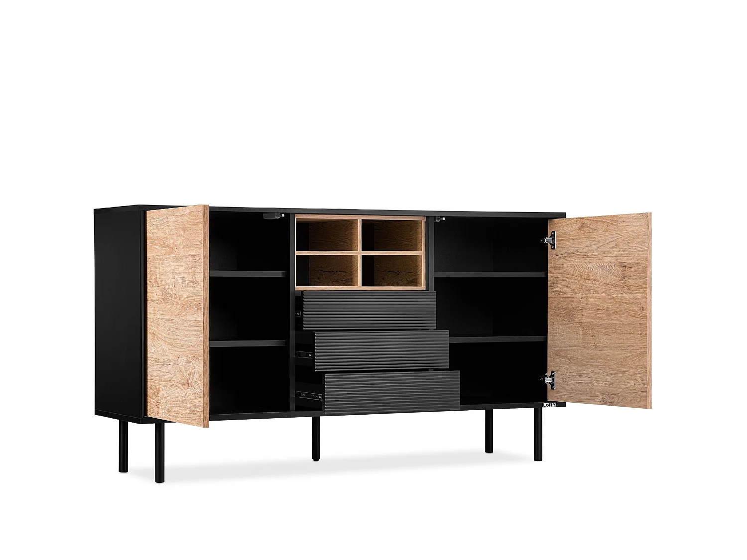 Kommode Kreuzeinlage - schwarz / Eiche natur - LOFTY