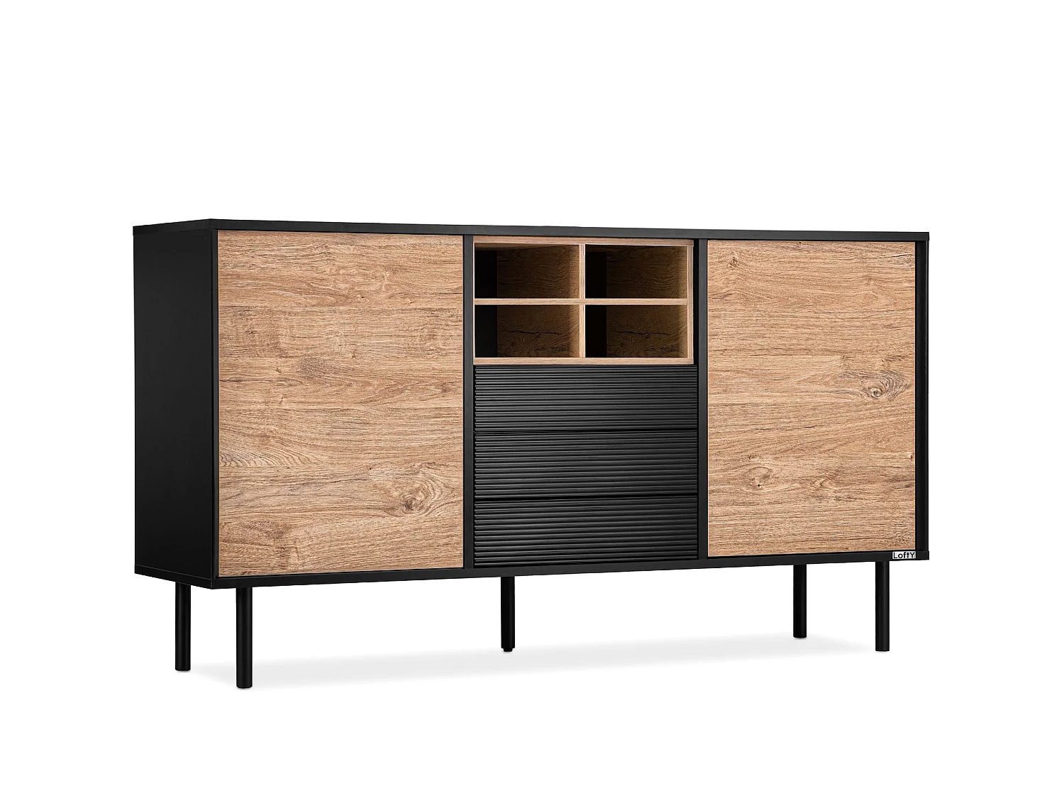 Kommode Kreuzeinlage - schwarz / Eiche natur - LOFTY