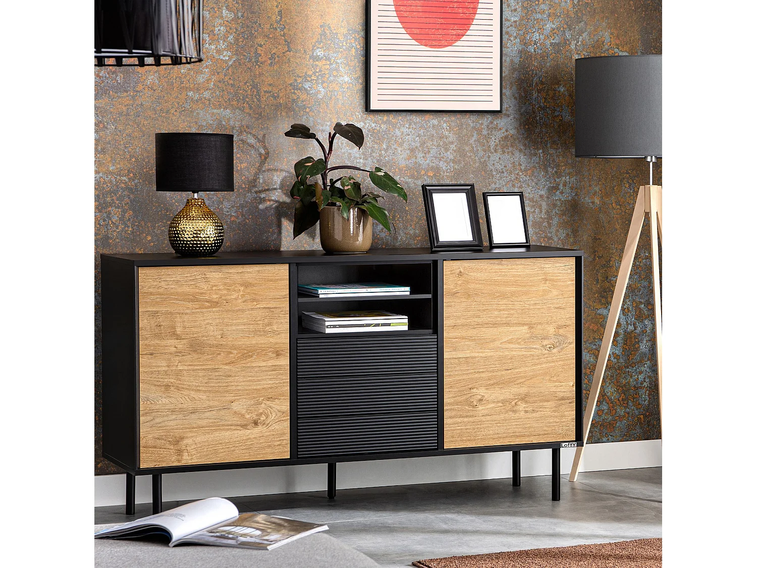 Kommode  Außenseiteneinlage - schwarz / Eiche natur - LOFTY