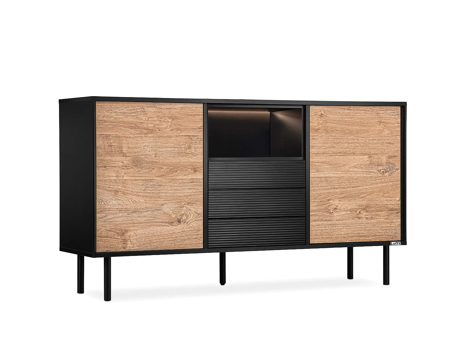 Kommode  Außenseiteneinlage - schwarz / Eiche natur - LOFTY