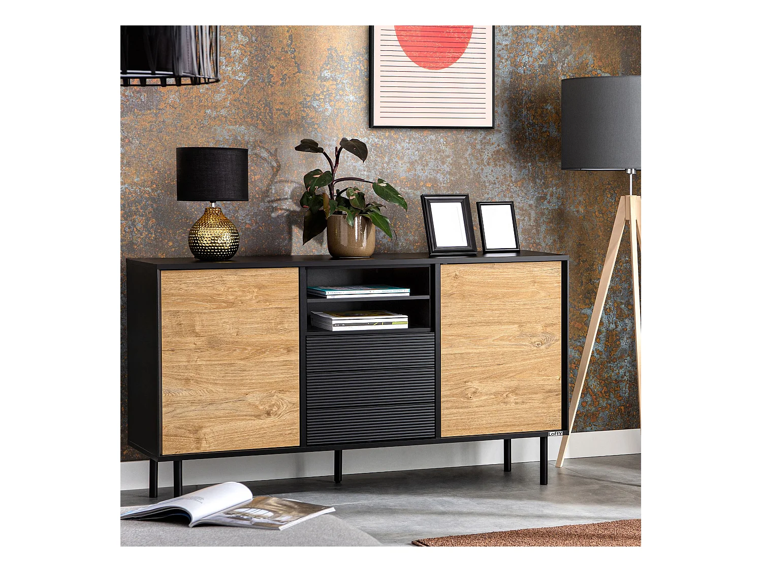 Kommode Weineinlage - schwarz / Eiche natur - LOFTY