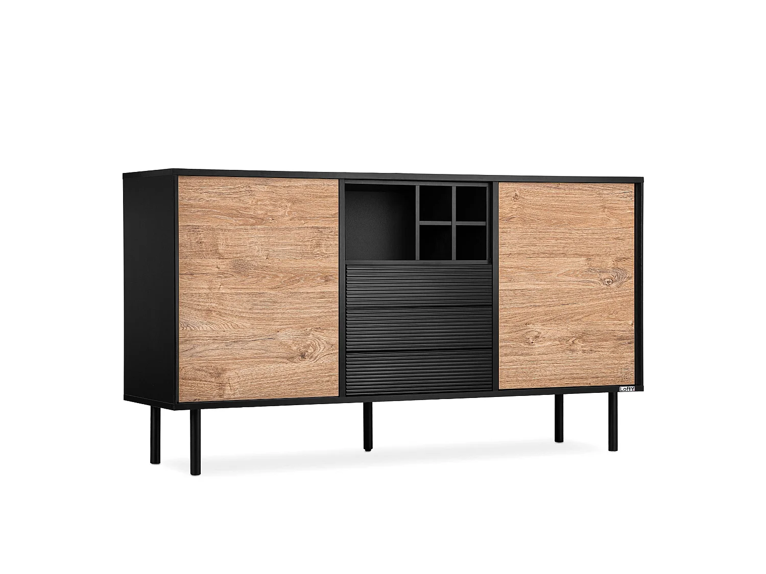 Kommode Weineinlage - schwarz / Eiche natur - LOFTY