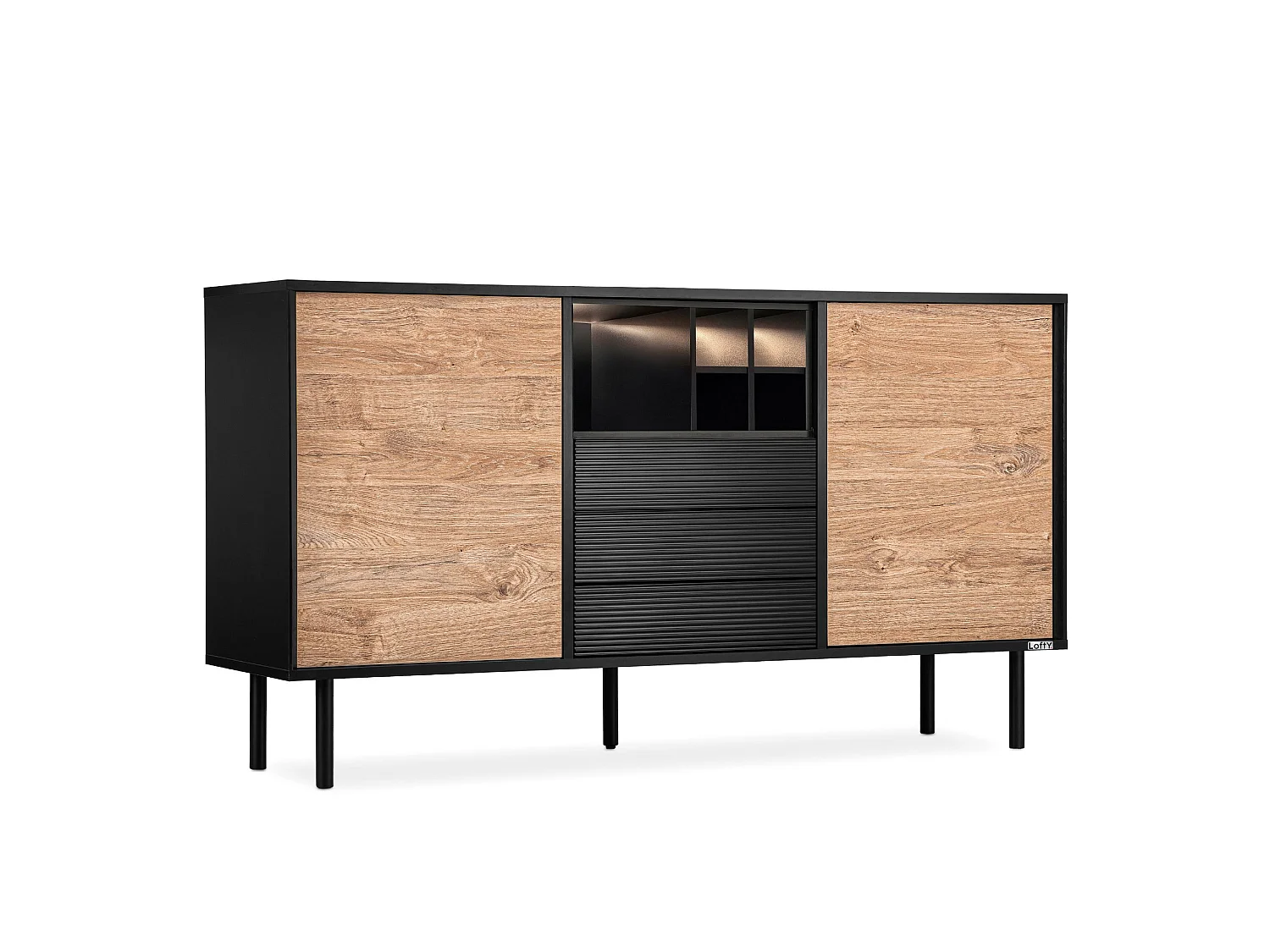 Kommode Weineinlage - schwarz / Eiche natur - LOFTY