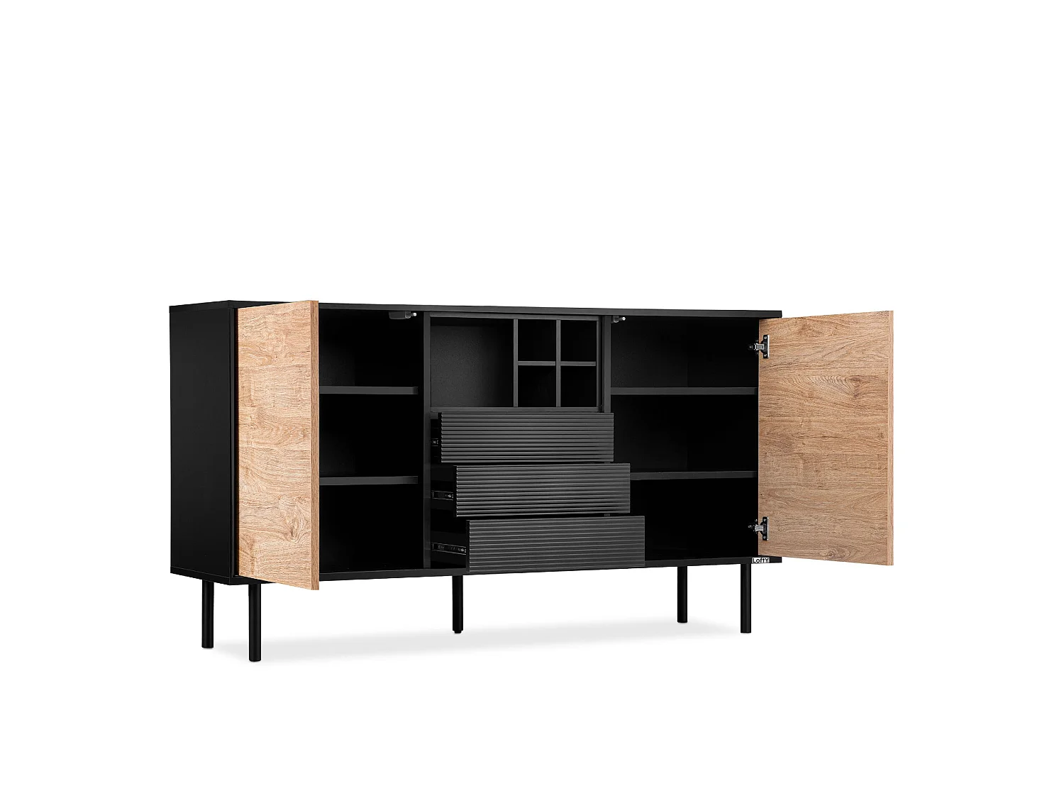 Kommode Weineinlage - schwarz / Eiche natur - LOFTY