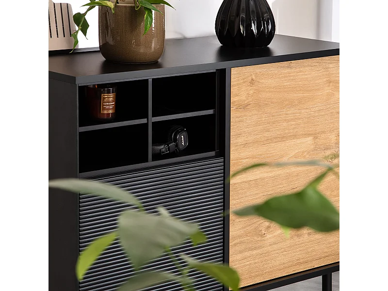 Kommode Kreuzeinlage - schwarz / Eiche natur - LOFTY