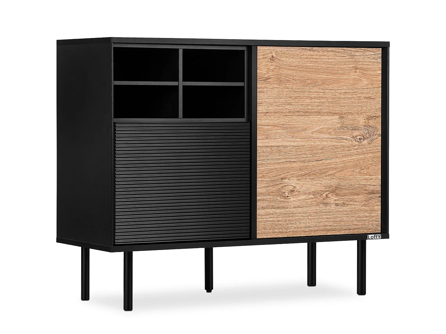 Kommode Kreuzeinlage - schwarz / Eiche natur - LOFTY