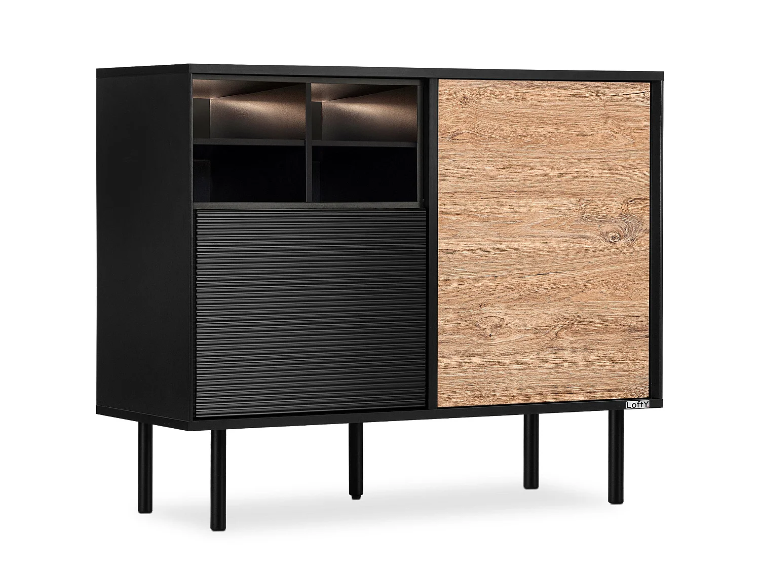 Kommode Kreuzeinlage - schwarz / Eiche natur - LOFTY