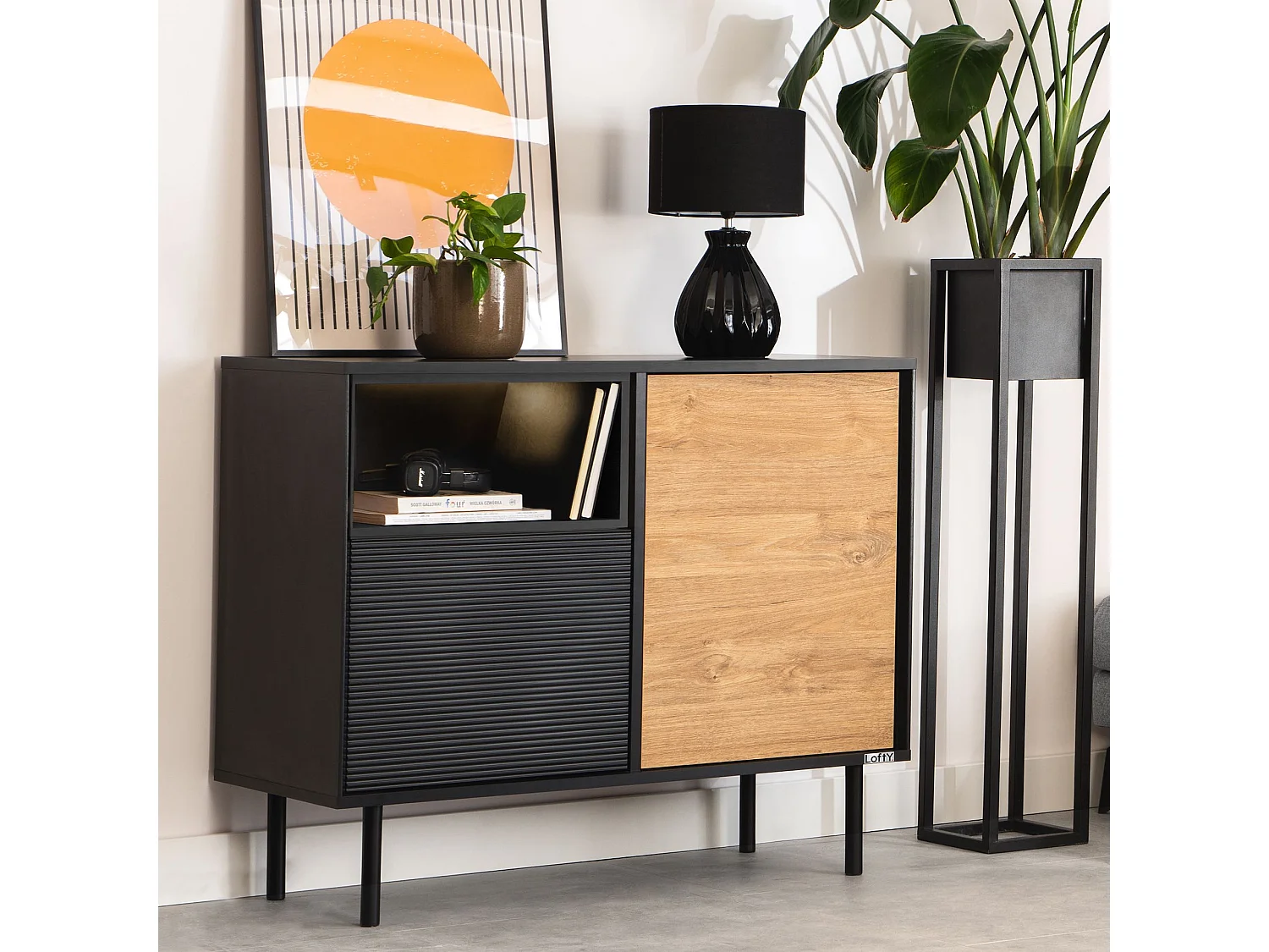 Kommode TV/HiFi-Einlage - schwarz / Eiche natur - LOFTY