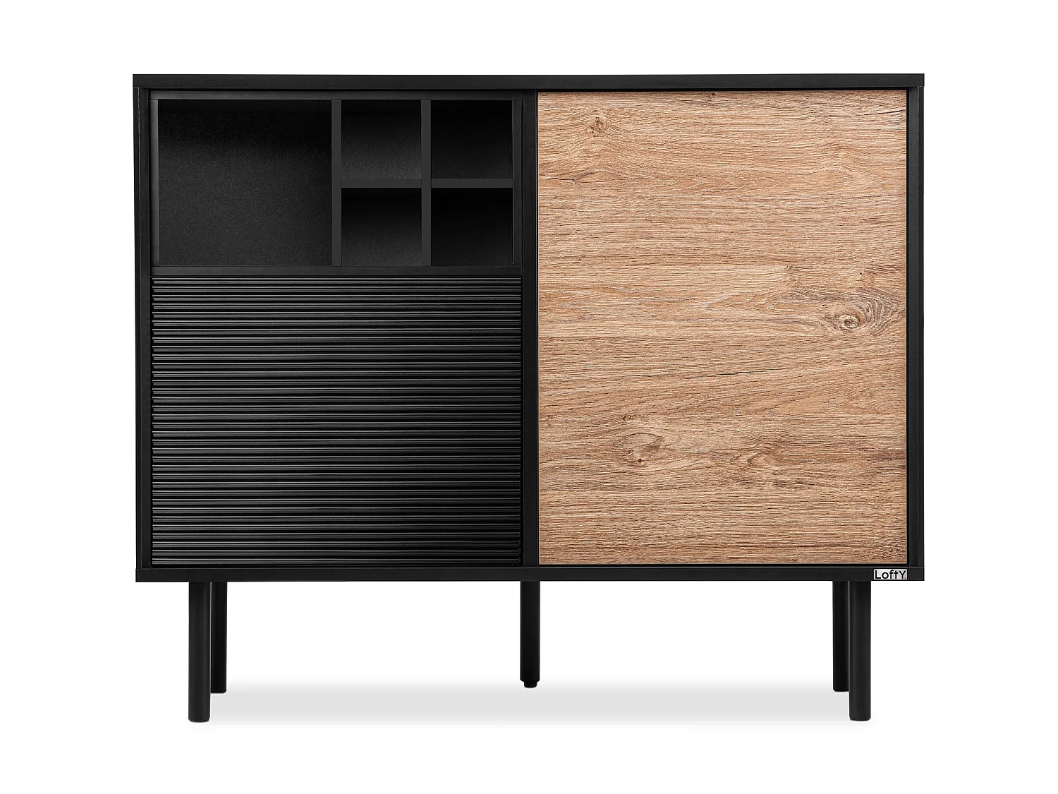 Kommode Weineinlage - schwarz / Eiche natur - LOFTY