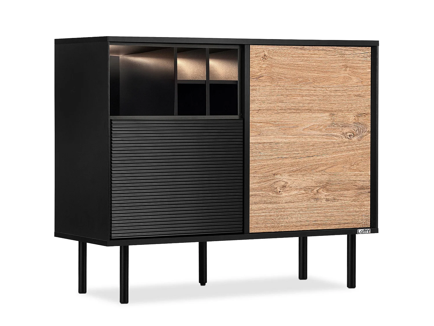 Kommode Weineinlage - schwarz / Eiche natur - LOFTY