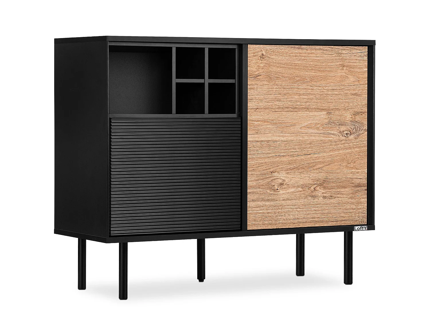 Kommode Weineinlage - schwarz / Eiche natur - LOFTY