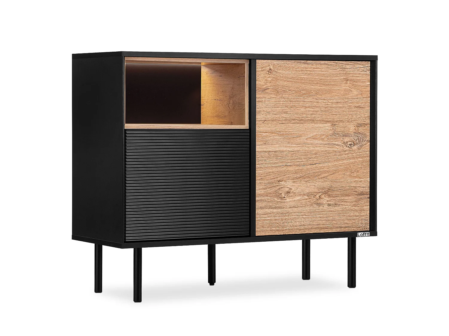 Kommode  Außenseiteneinlage - schwarz / Eiche natur - LOFTY