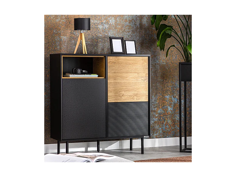 Kommode Weineinlage - schwarz / Eiche natur - LOFTY