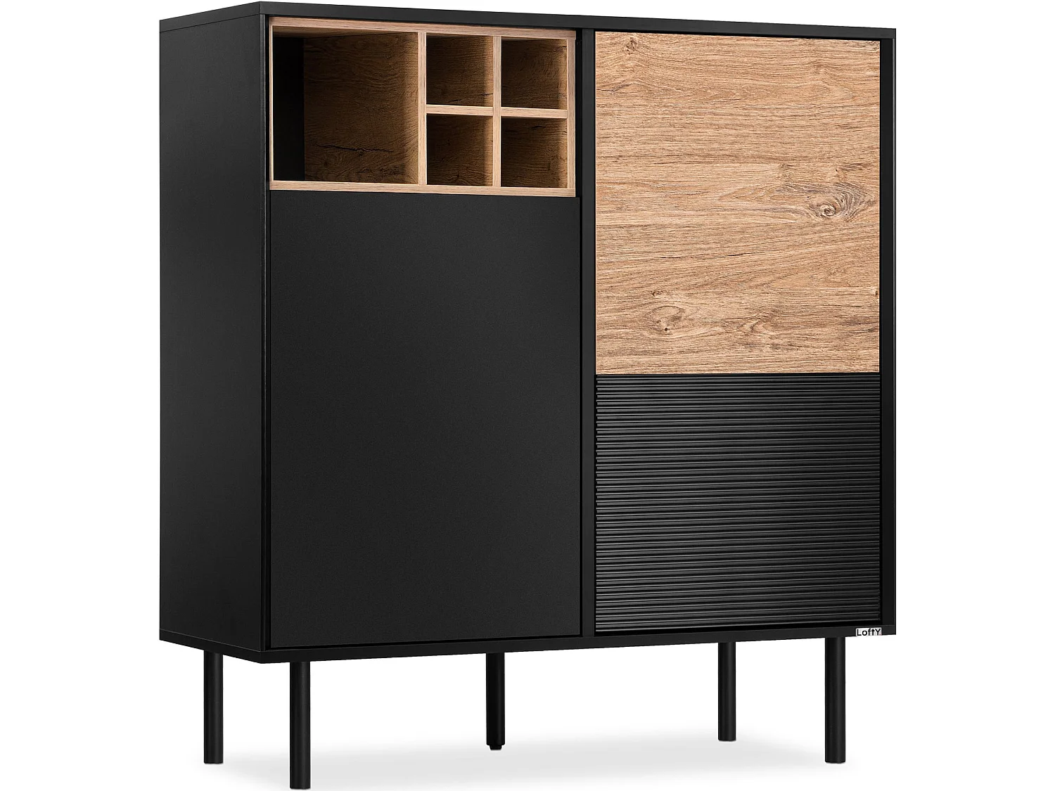 Kommode Weineinlage - schwarz / Eiche natur - LOFTY