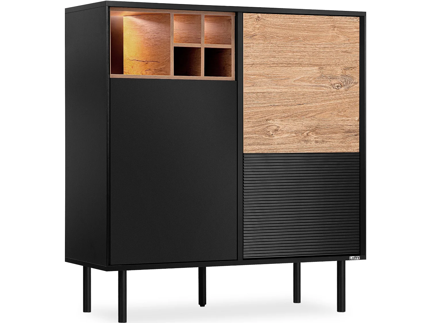 Kommode Weineinlage - schwarz / Eiche natur - LOFTY