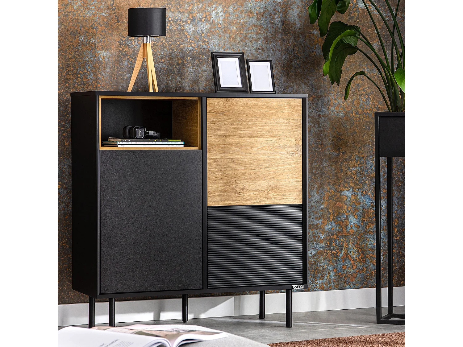 Kommode TV/HiFi-Einlage - schwarz / Eiche natur - LOFTY