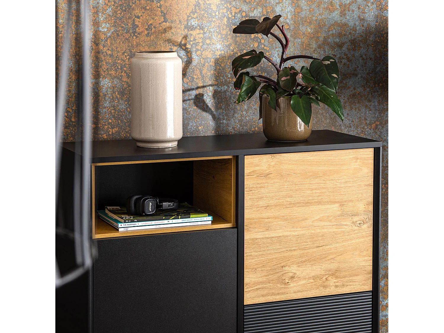 Kommode TV/HiFi-Einlage - schwarz / Eiche natur - LOFTY