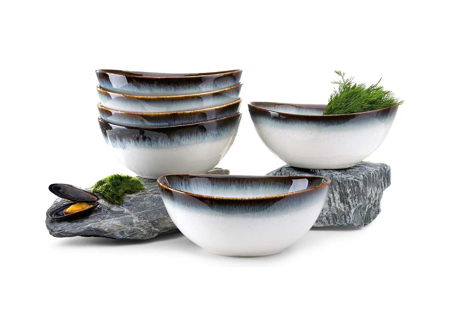 Schalen 6-tlg - weiß / marineblau / braun - TIME DIM
