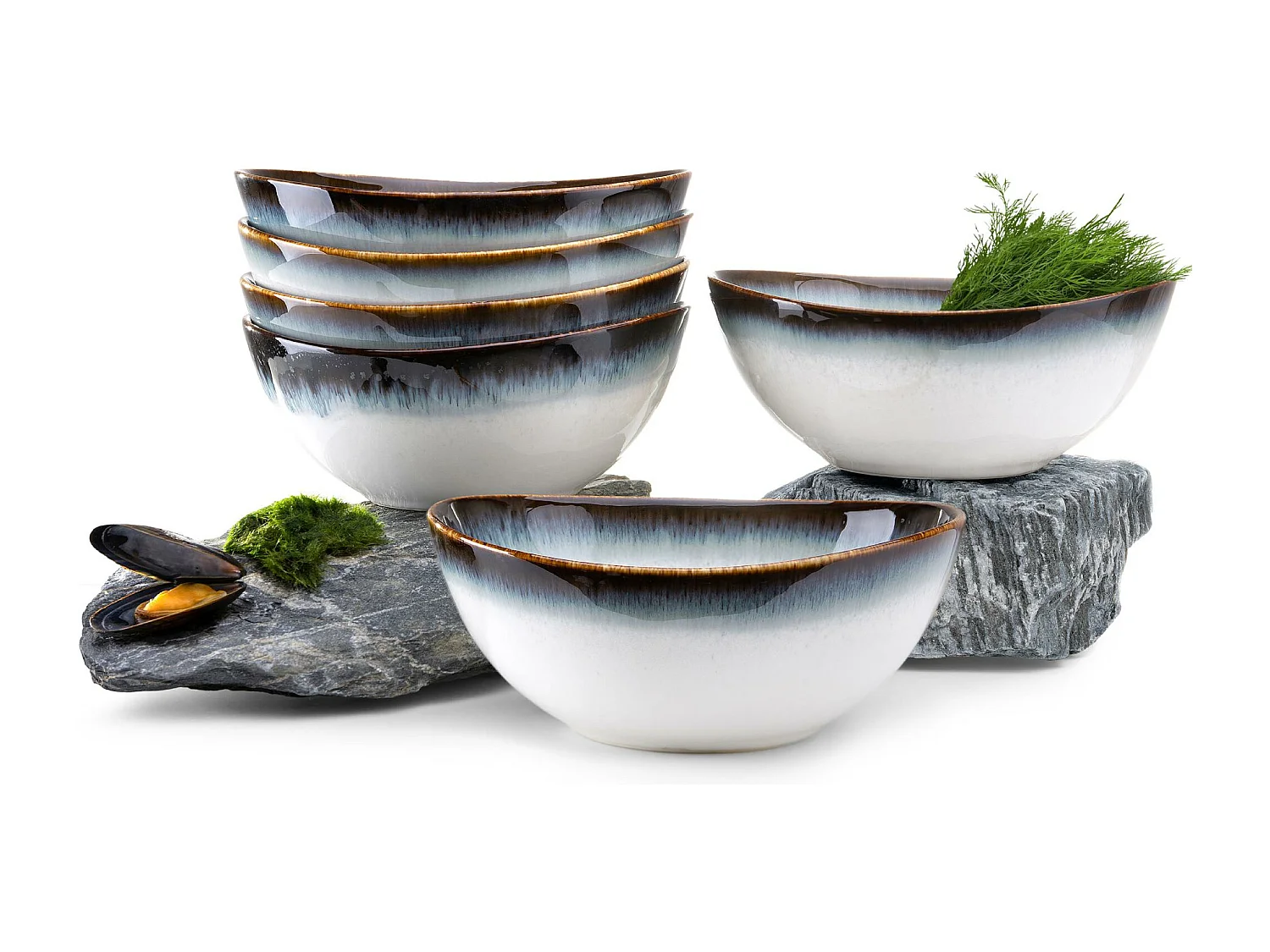 Schalen 6-tlg - weiß / marineblau / braun - TIME DIM