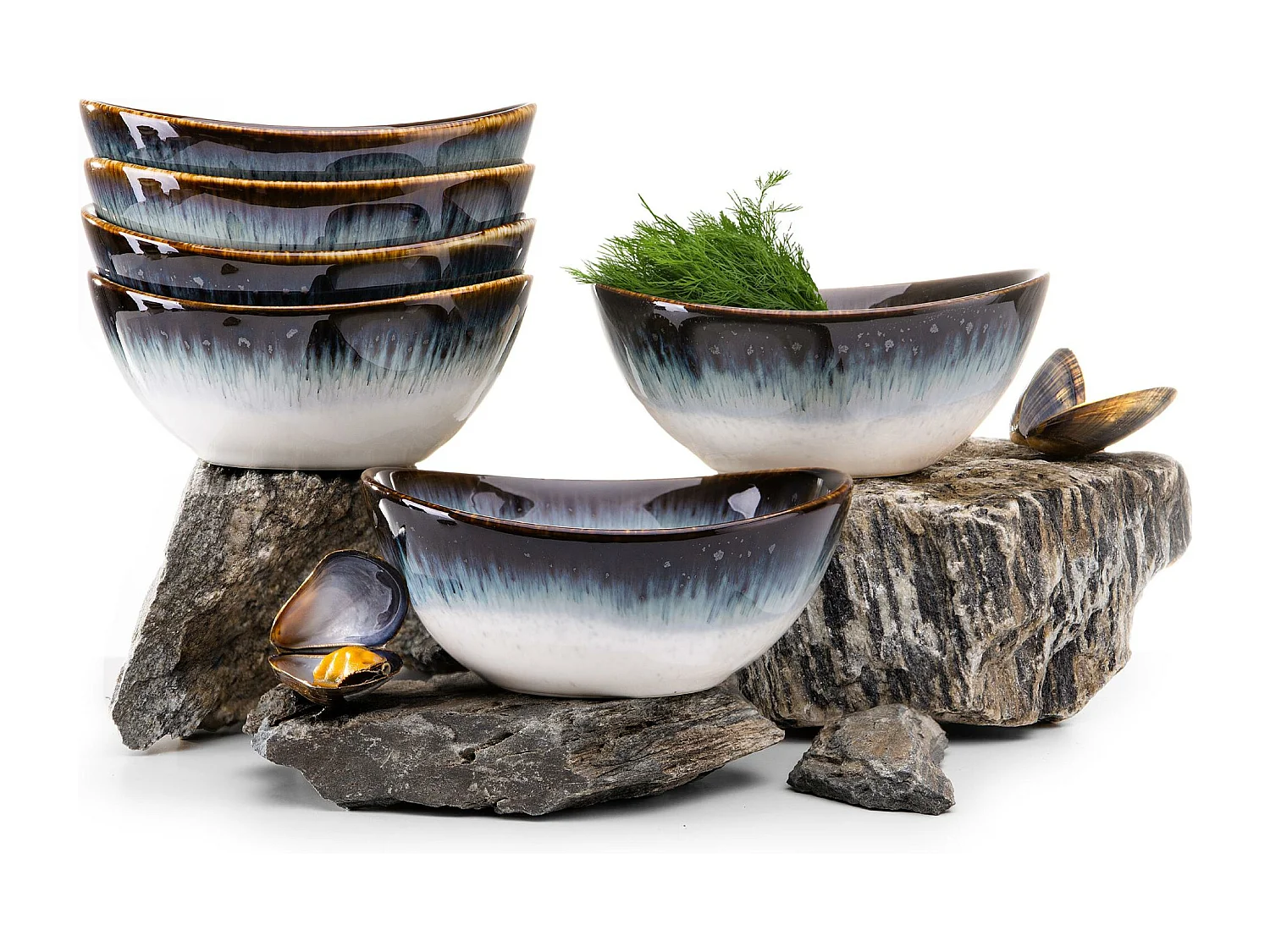 Schalen 6-tlg - weiß / marineblau / braun - TIME DIM
