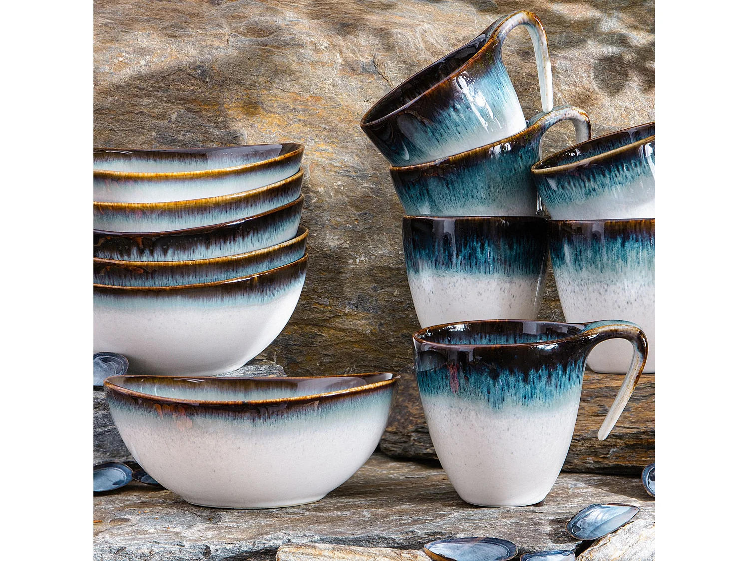 Frühstücksset 12-tlg - weiß / marineblau / braun - TIME DIM