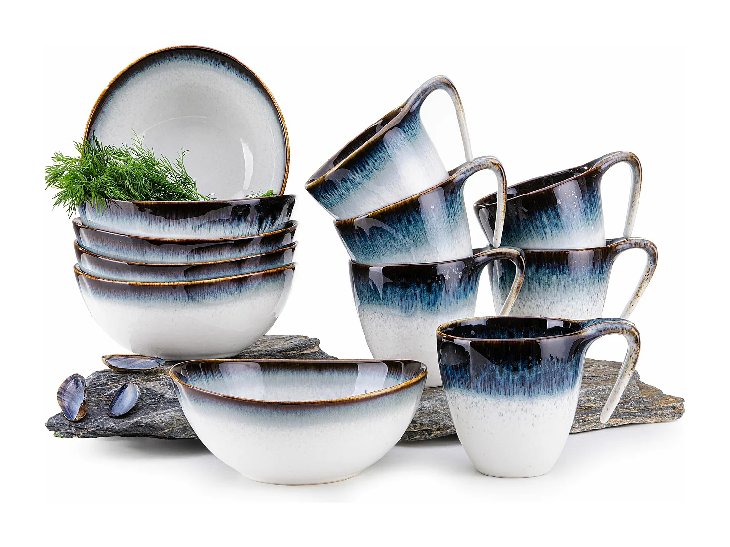 Frühstücksset 12-tlg - weiß / marineblau / braun - TIME DIM