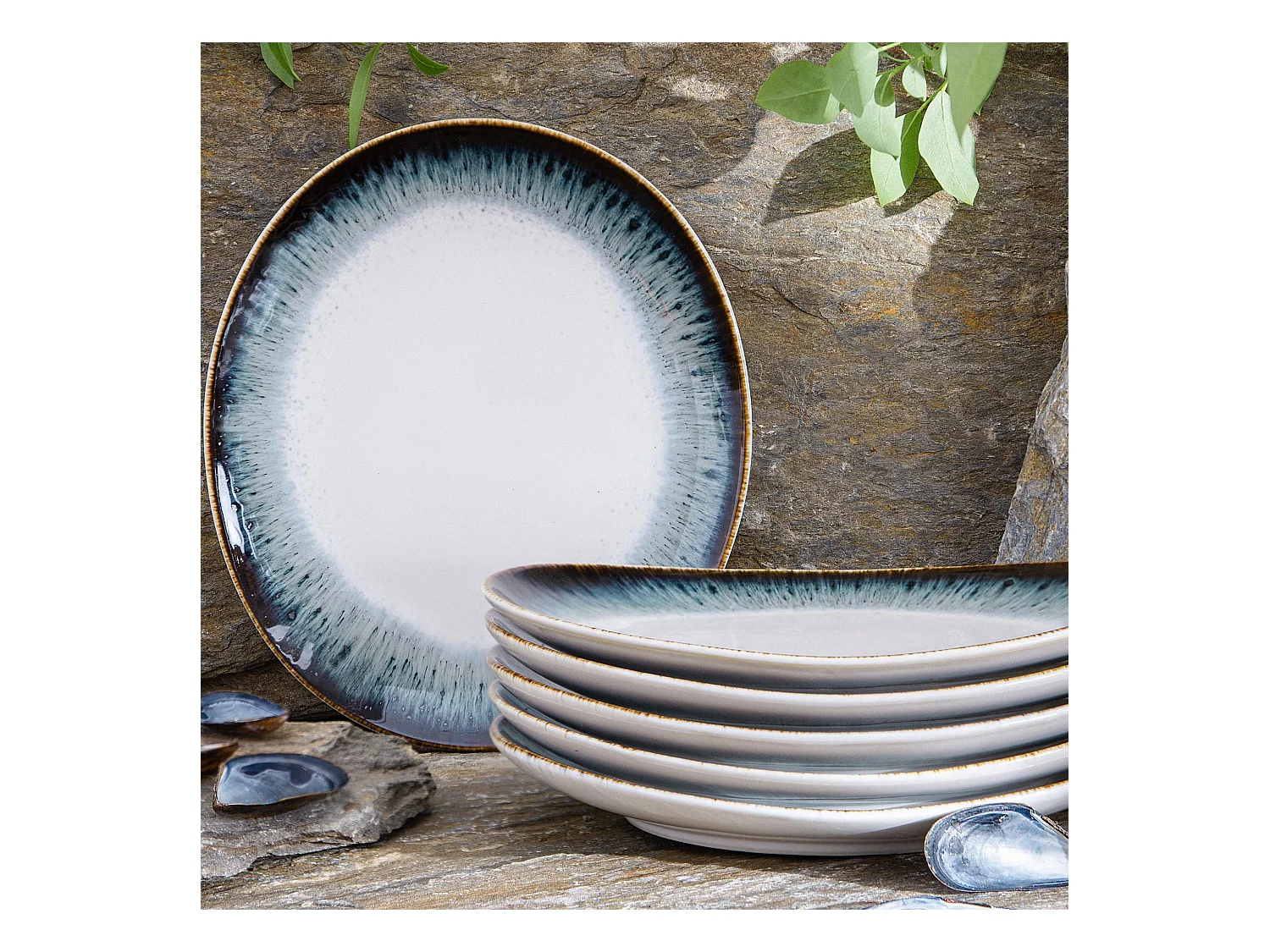 Frühstücksteller 6-tlg - weiß / marineblau / braun - TIME DIM