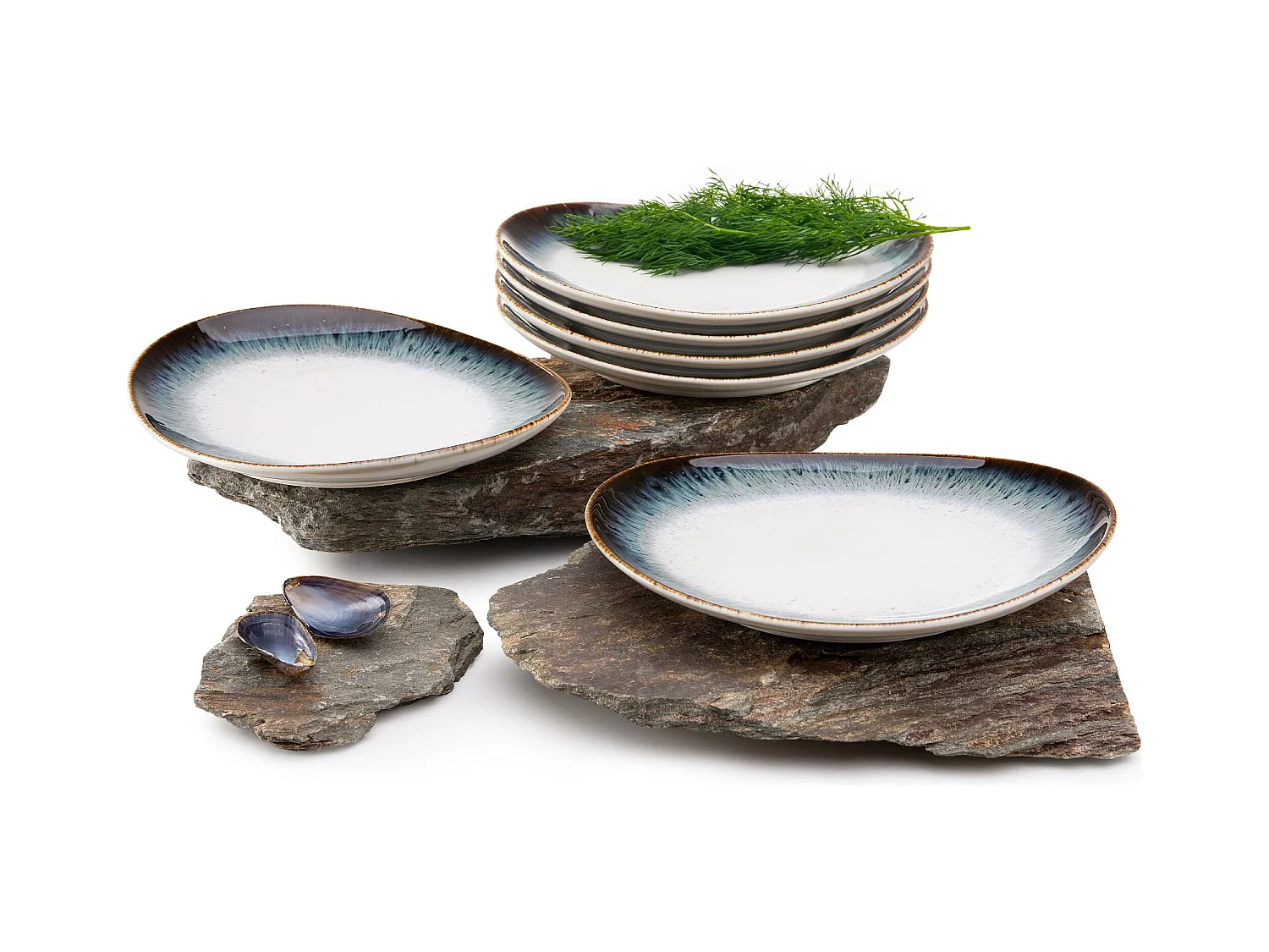 Frühstücksteller 6-tlg - weiß / marineblau / braun - TIME DIM