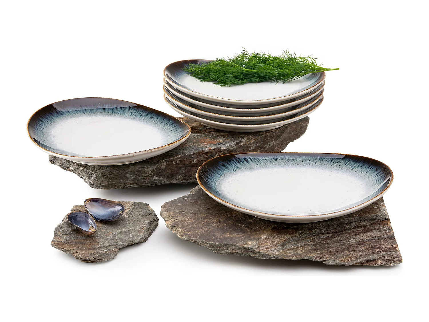 Frühstücksteller 6-tlg - weiß / marineblau / braun - TIME DIM