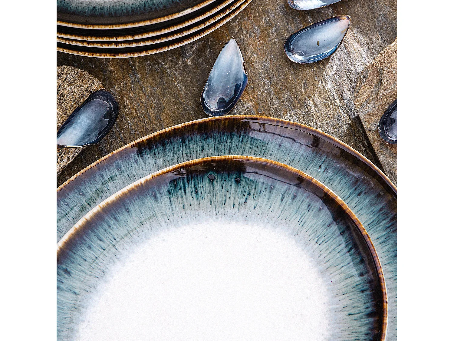 Frühstücksteller 6-tlg - weiß / marineblau / braun - TIME DIM