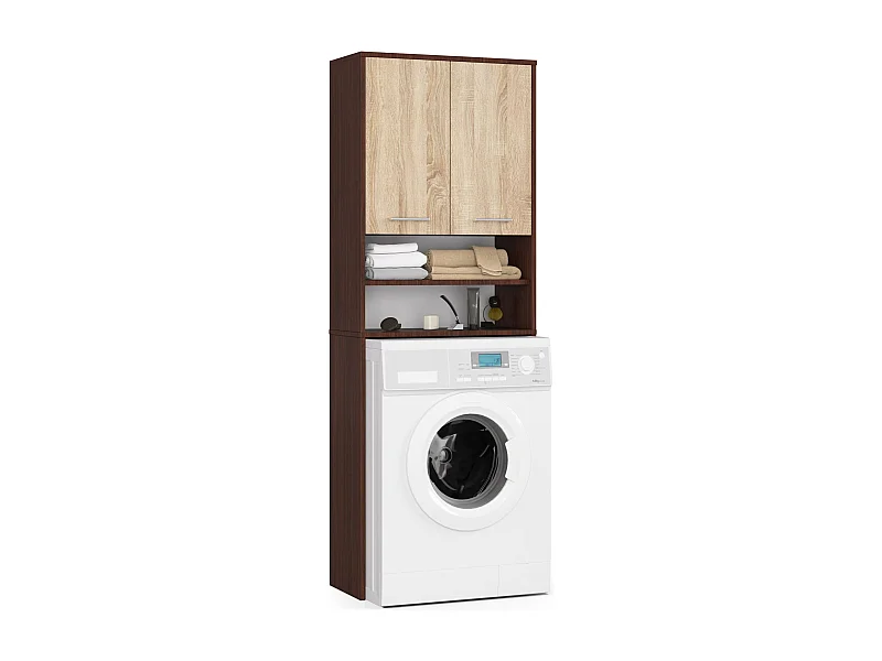 Waschmaschinenschrank AKORD FIN Badschrank Wenge 64 cm breit 2 Türen 4 Ebenen Front Sonoma-Eiche B64 x H180 x T30 cm