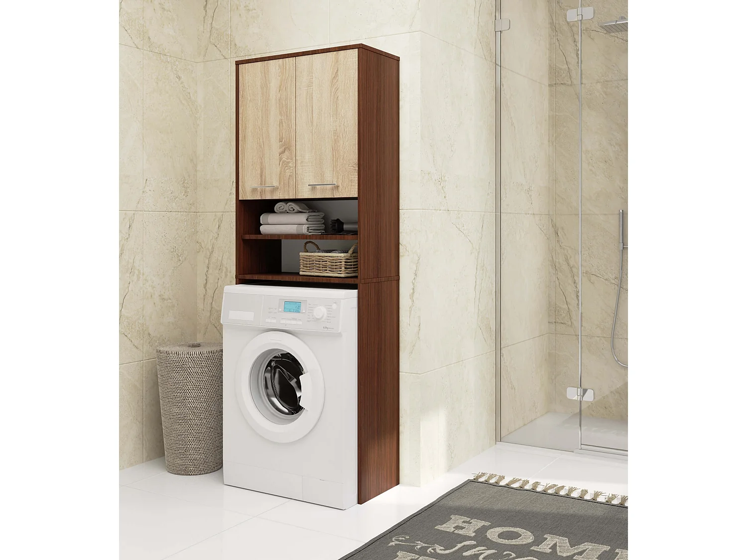 Badkamerkast voor Wasmachine FIN / Hoge Wasmachinekast met 2 Deuren / AKORD Furniture Factory / Venge - Sonoma Eik / 64 x 180 x 30 cm