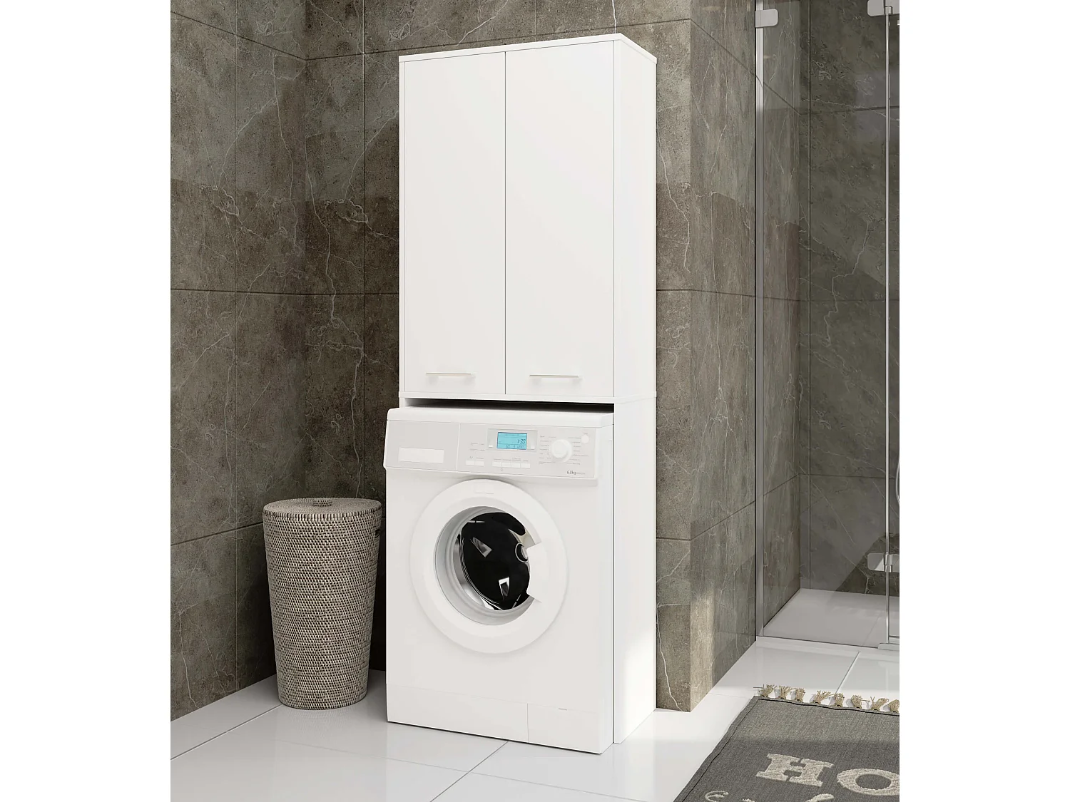 Badkamerkast voor Wasmachine FIN / Hoge Wasmachinekast met 2 Deuren / AKORD Furniture Factory / Wit / 64 x 180 x 30 cm